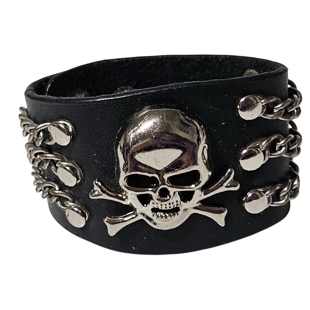 Gothic Silver Skull & Bones Black Leather Bracelet Chain Accents Punk Jewelry